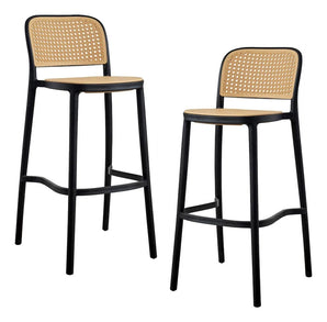 Modern Rattan Bar Stool Chair with Backrest – Black Frame High Counter Stool