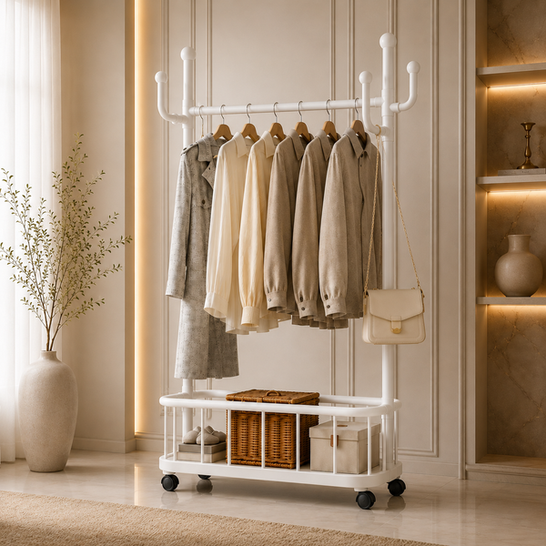 Modern Space Saving Clothes Hanging Rack with Storage Basket & Side Hooks