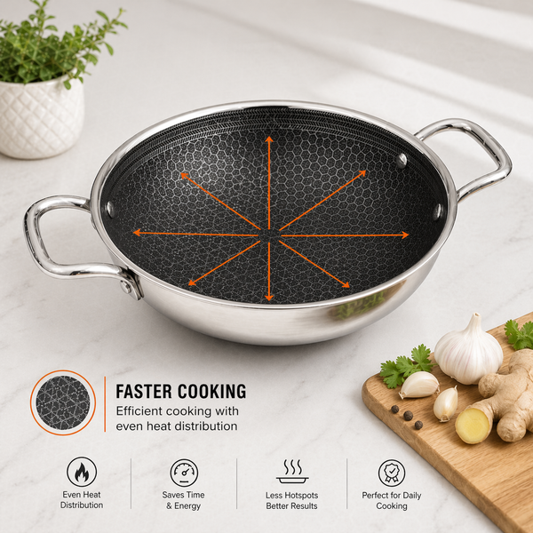 Tri-Ply Stainless Steel Non Stick Honeycomb Kadhai | Induction & Gas Compatible (24CM)