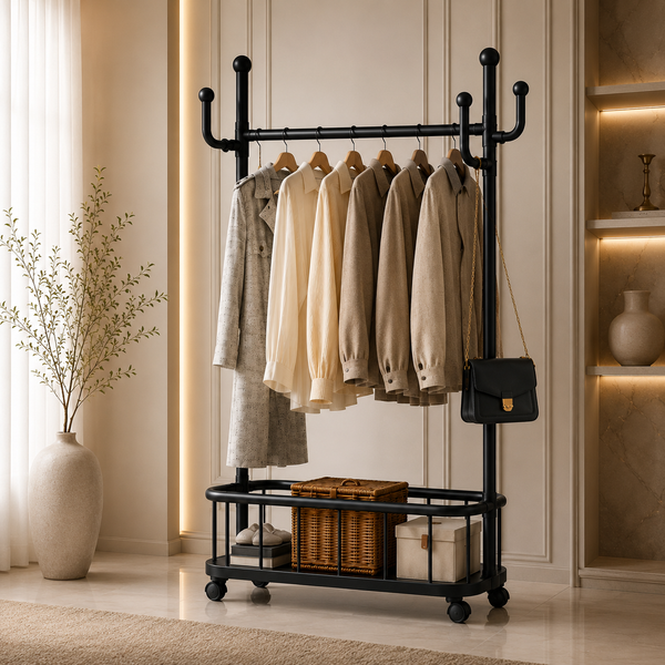 Modern Space Saving Clothes Hanging Rack with Storage Basket & Side Hooks