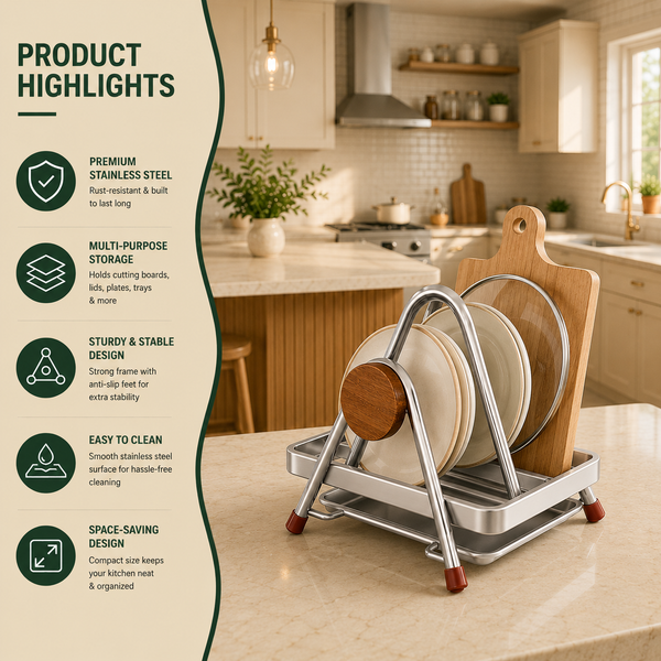 Stainless Steel Kitchen Storage Rack for Cutting Boards, Lids & Utensil Storage