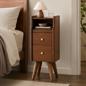 Solid Wood Minimalist Bedside Table with 2 Drawers, Open Shelf & Cable Hole