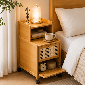 Compact Bamboo Bedside Table with Rattan Cabinet, Open Shelf With Wheels