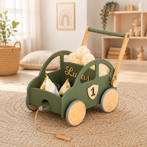 Montessori Wooden Car Pusher Toy & Storage Cart for Kids